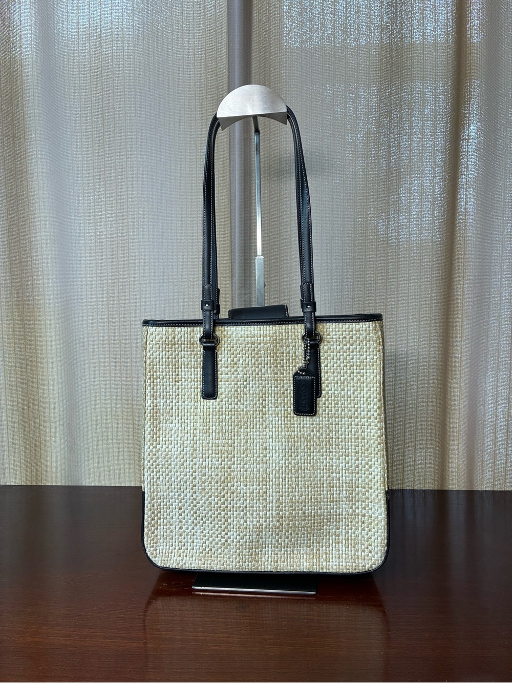 Coach Beige Woven Tote with Black Leather Trim